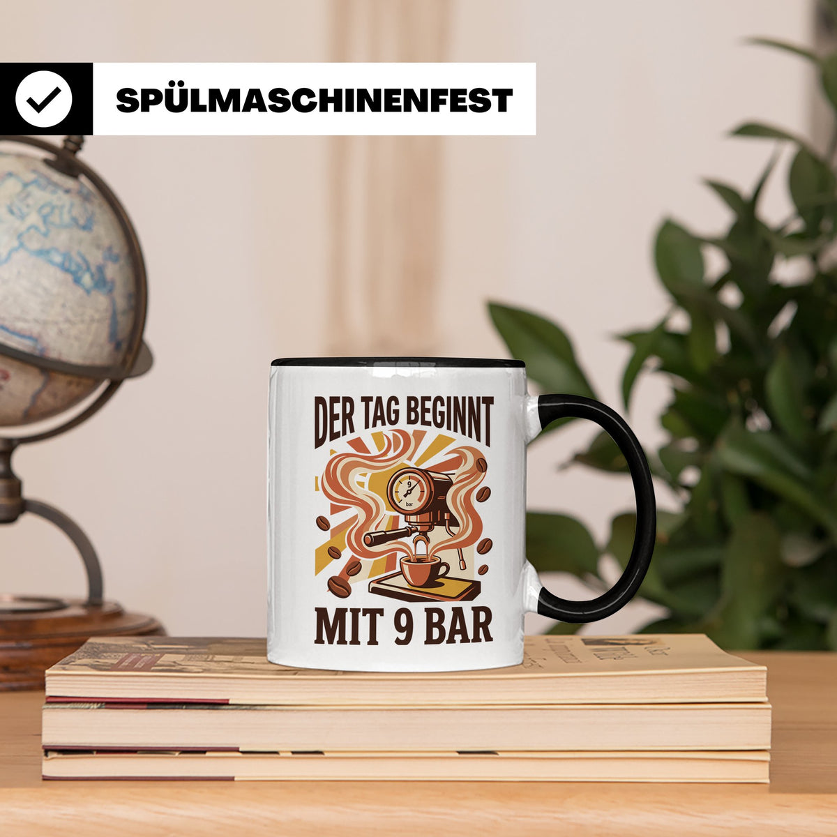 Barista Tasse mit Spruch Der Tag beginnt mit 9 Bar | Espress – Schwarz [farbe:schwarz]