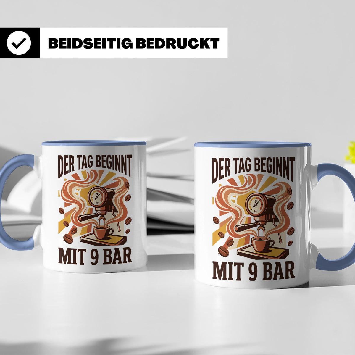 Barista Tasse mit Spruch Der Tag beginnt mit 9 Bar | Espress – Blau [farbe:blau]