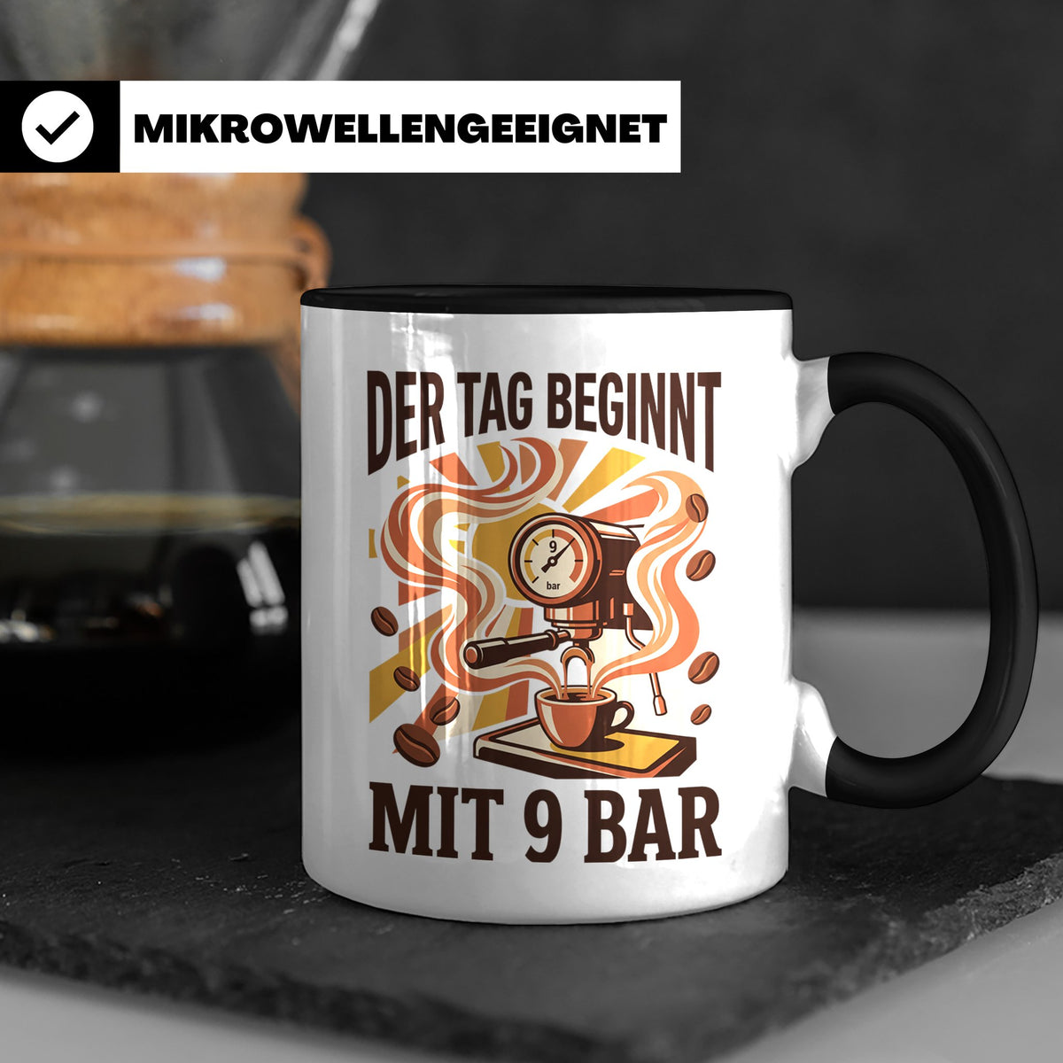 Barista Tasse mit Spruch Der Tag beginnt mit 9 Bar | Espress – Schwarz [farbe:schwarz]