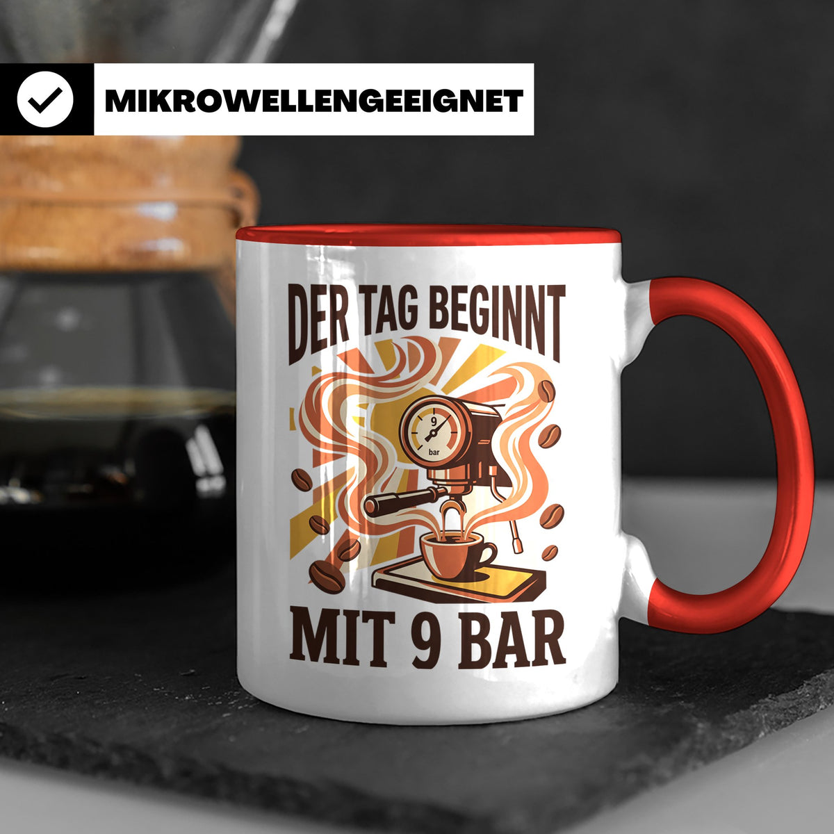 Barista Tasse mit Spruch Der Tag beginnt mit 9 Bar | Espress – Rot [farbe:rot]