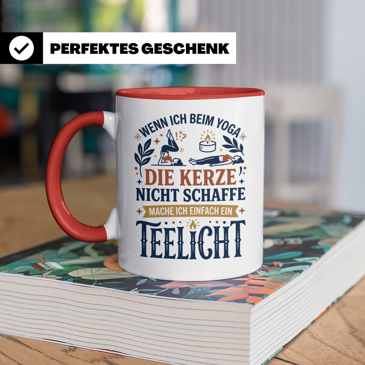 Yoga Tasse lustiger Spruch Kerze Teelicht Kaffeetasse für Yo – Rot [farbe:rot]