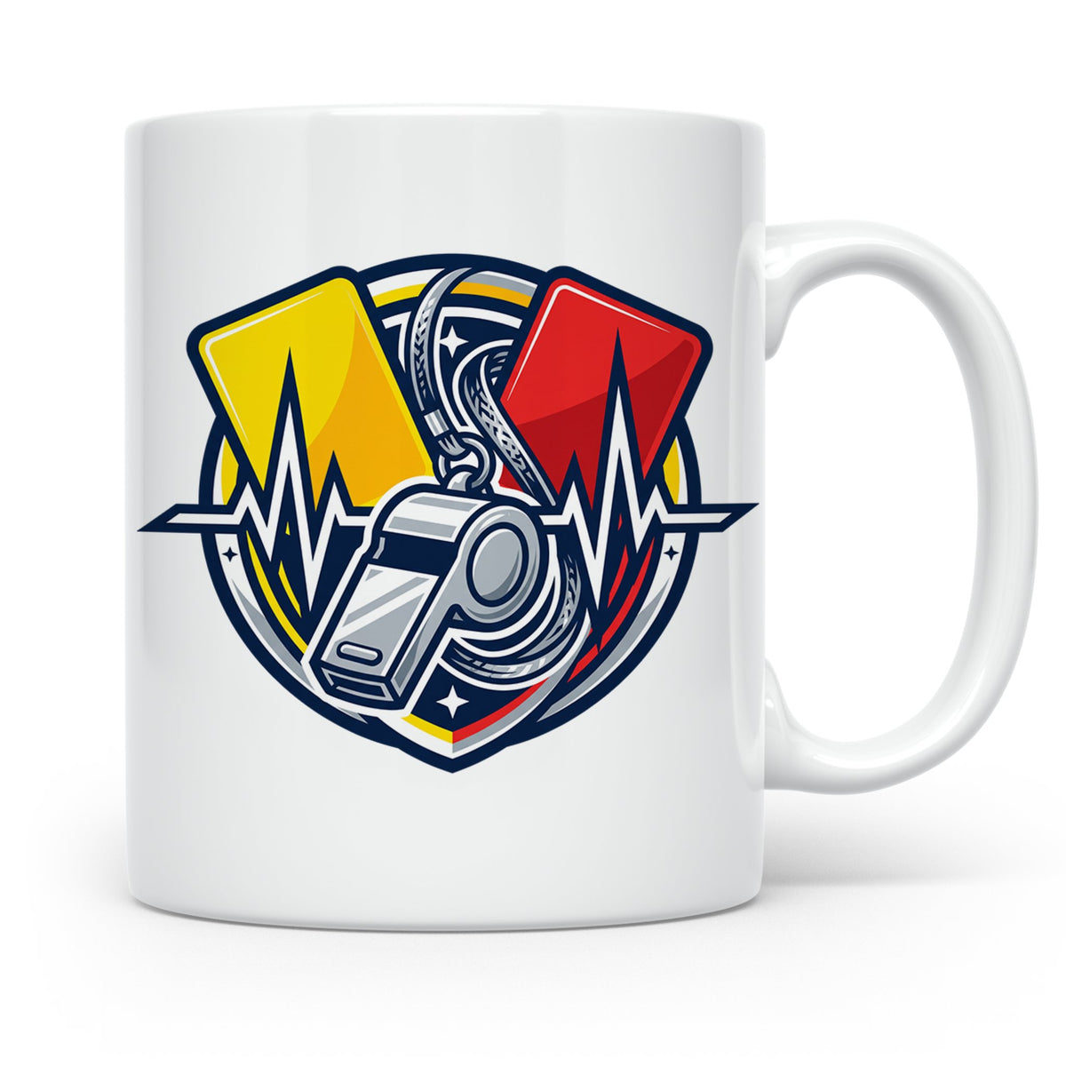 Schiedsrichter Tasse mit Herzschlag, Pfeife & Karten Motiv,  – Weiß [farbe:weiß]