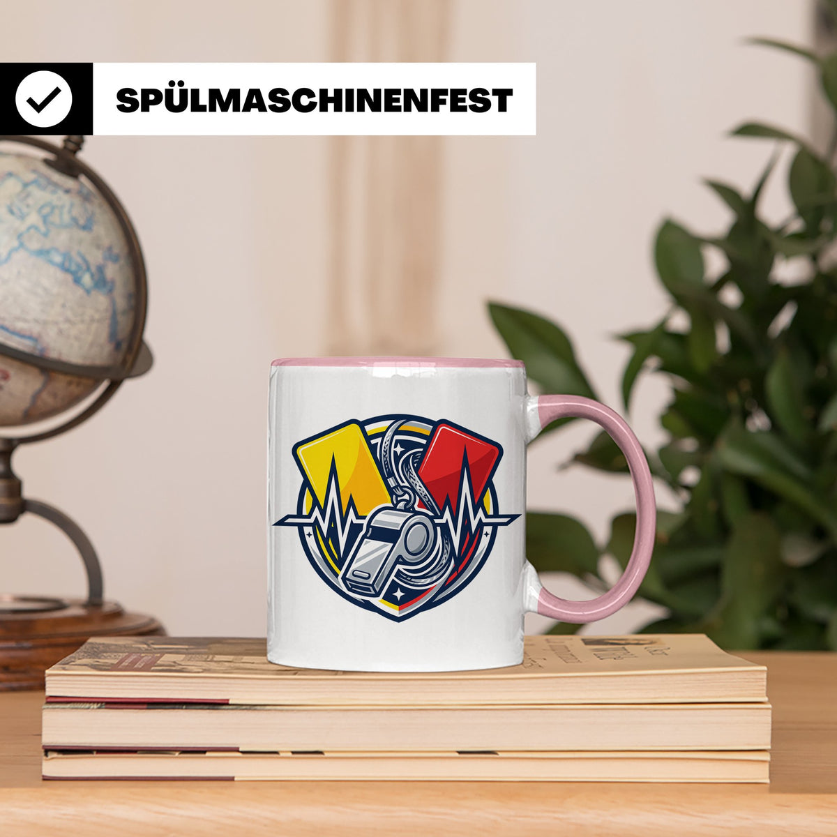 Schiedsrichter Tasse mit Herzschlag, Pfeife & Karten Motiv,  – Rosa [farbe:rosa]