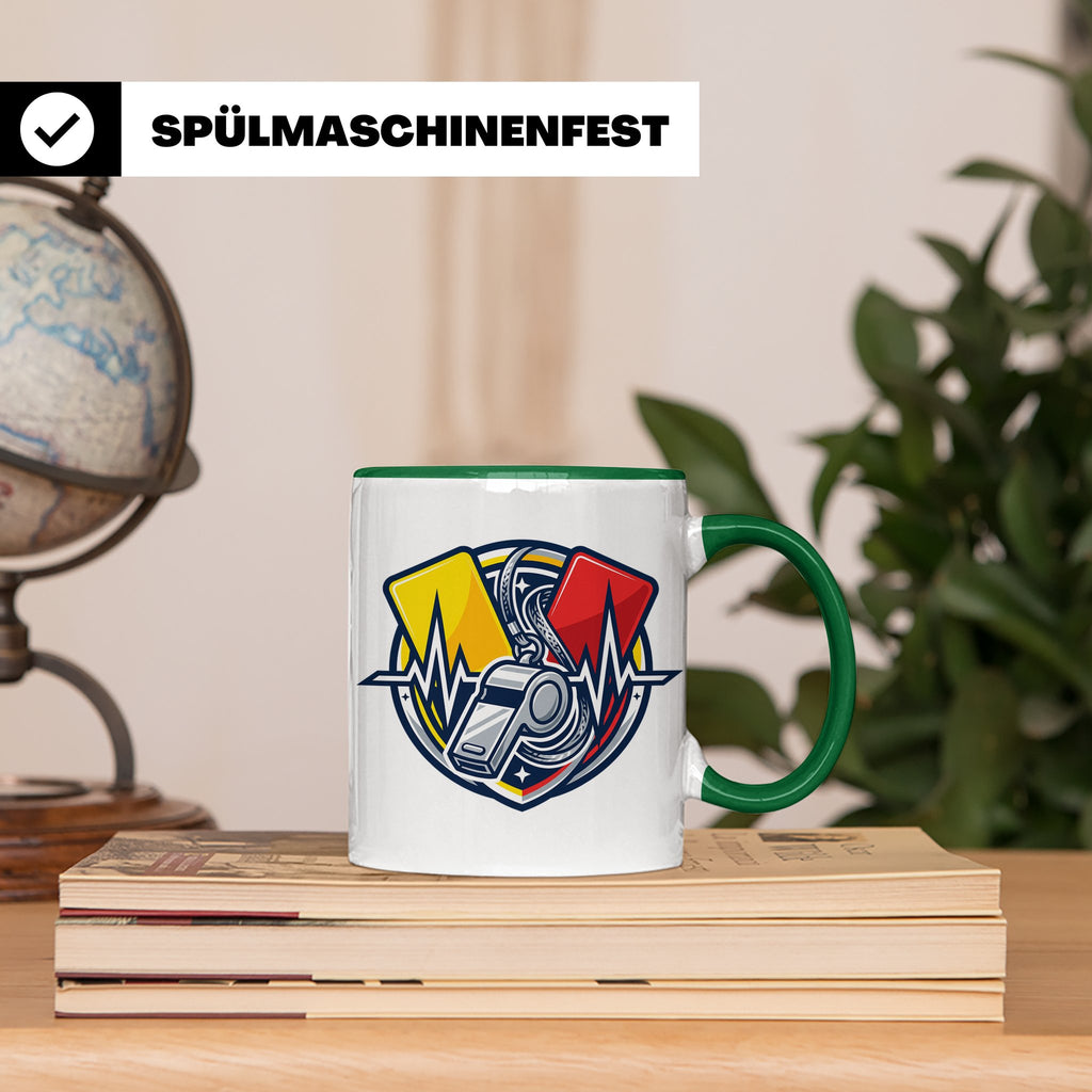 Schiedsrichter Tasse mit Herzschlag, Pfeife & Karten Motiv,  – Grün [farbe:grün]