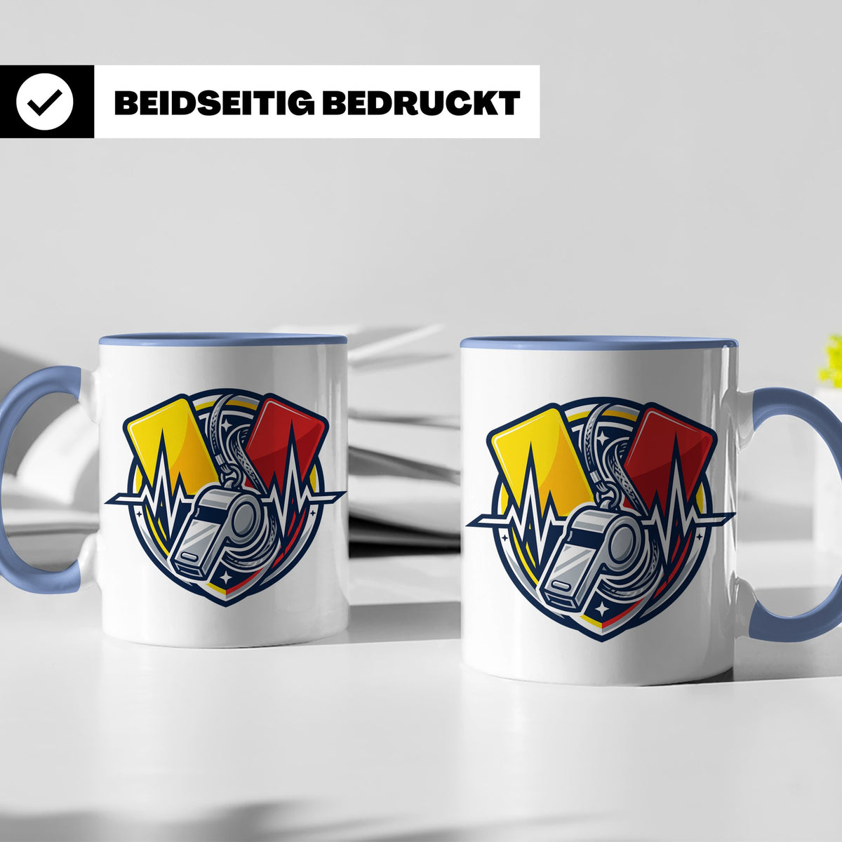 Schiedsrichter Tasse mit Herzschlag, Pfeife & Karten Motiv,  – Blau [farbe:blau]