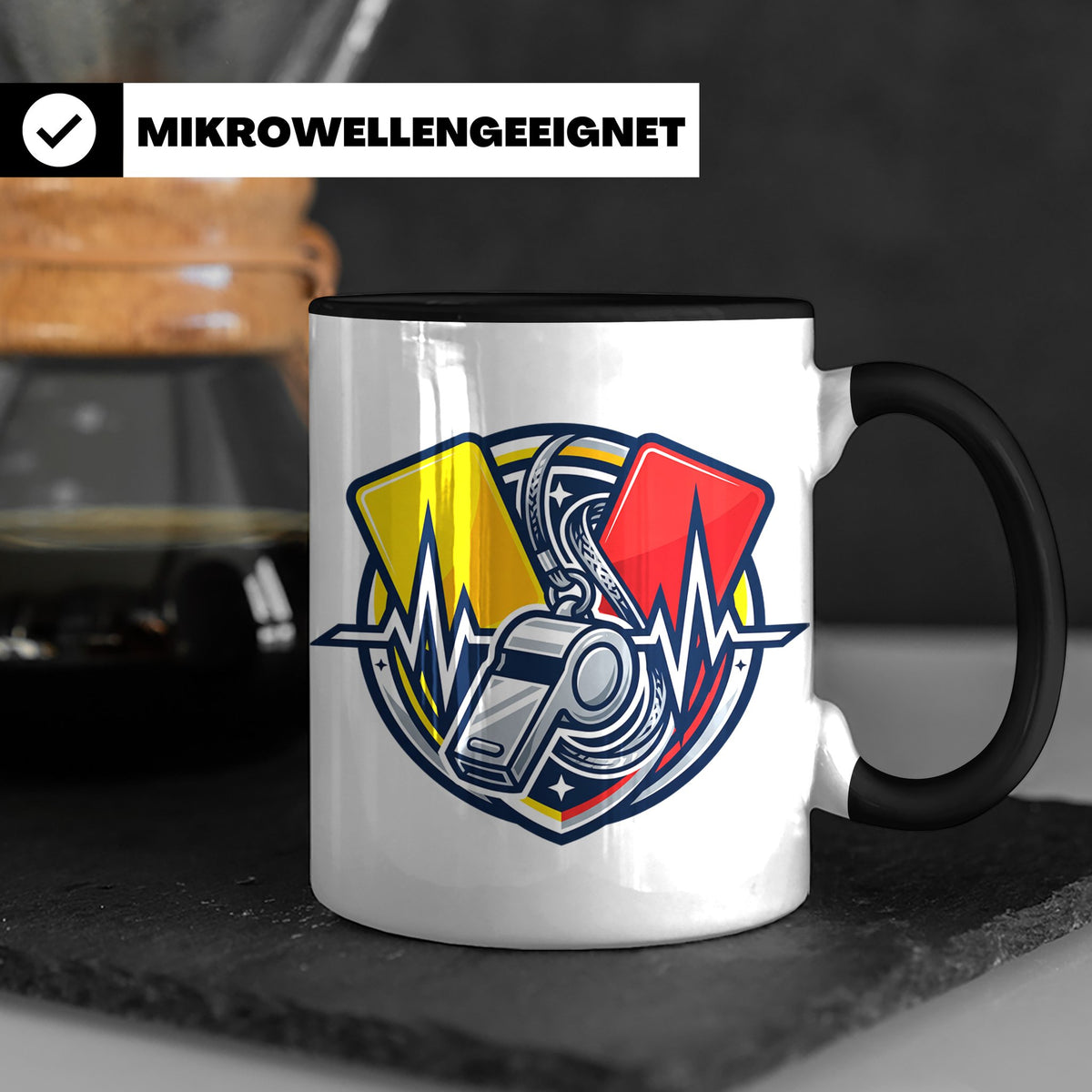 Schiedsrichter Tasse mit Herzschlag, Pfeife & Karten Motiv,  – Schwarz [farbe:schwarz]