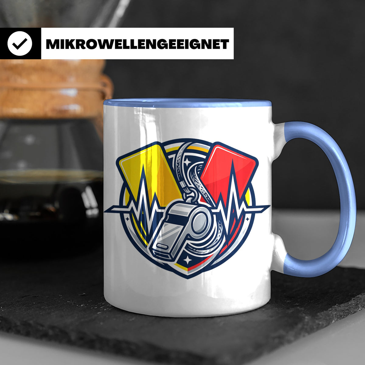 Schiedsrichter Tasse mit Herzschlag, Pfeife & Karten Motiv,  – Blau [farbe:blau]