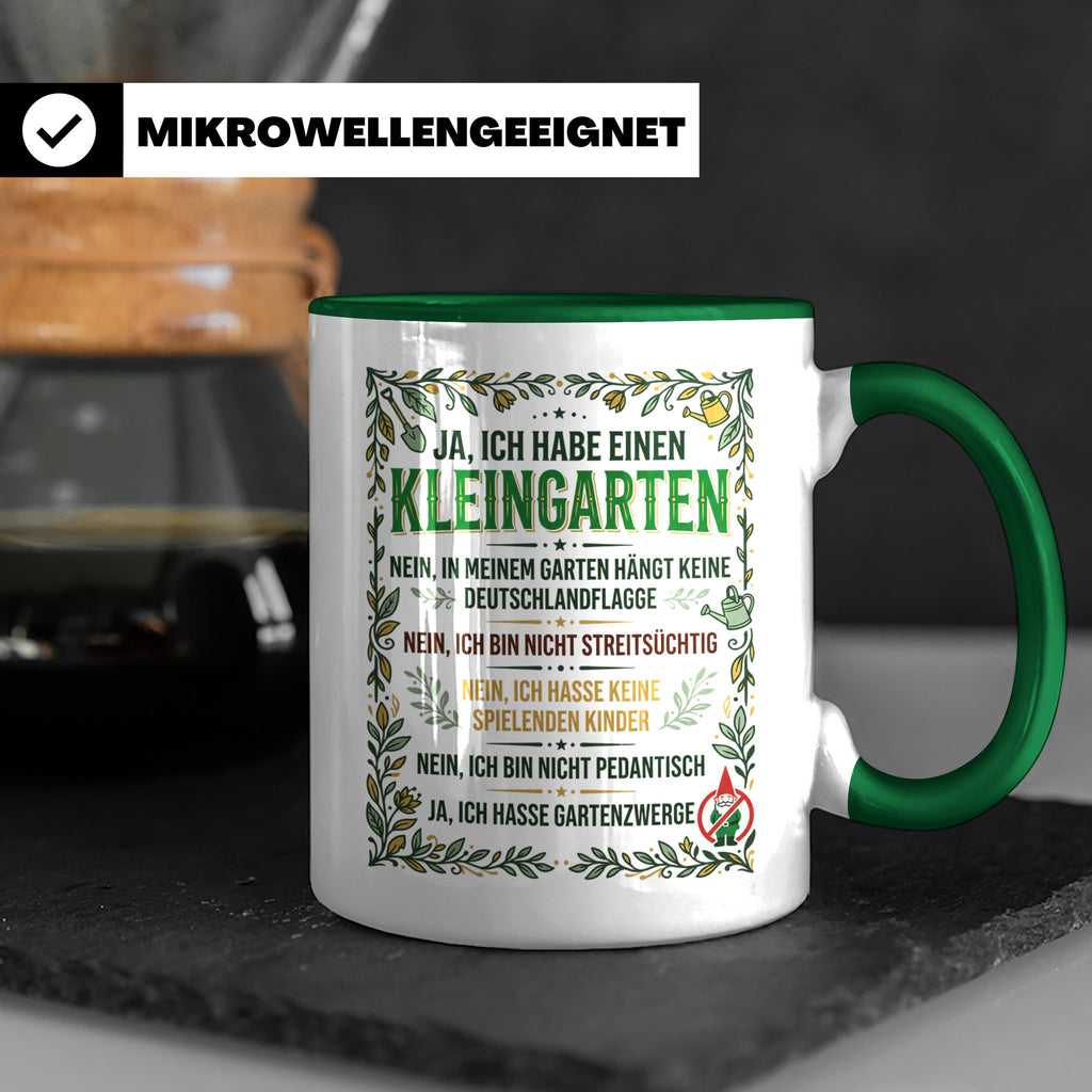 Kleingarten Tasse mit lustigem Spruch gegen Gartenzwerge | G – Grün [farbe:grün]