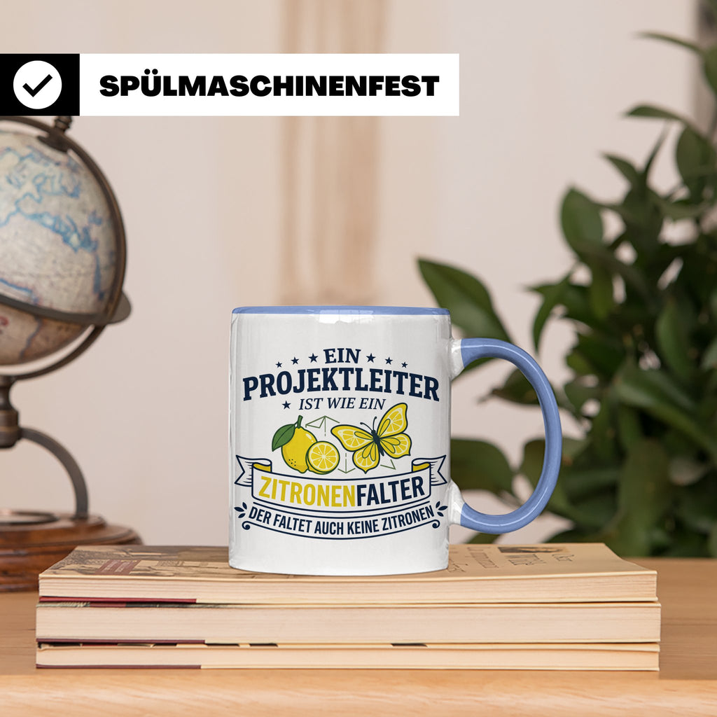 Projektleiter Tasse mit Spruch Zitronenfalter faltet keine Z – Blau [farbe:blau]