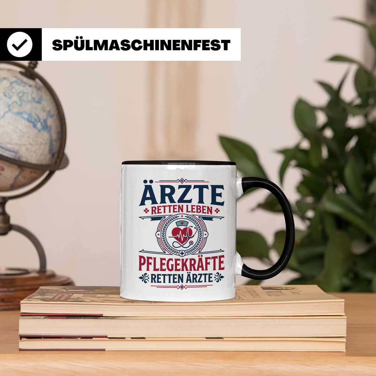 Pflegekraft Tasse mit Spruch Pflegekräfte retten Ärzte lusti – Schwarz [farbe:schwarz]