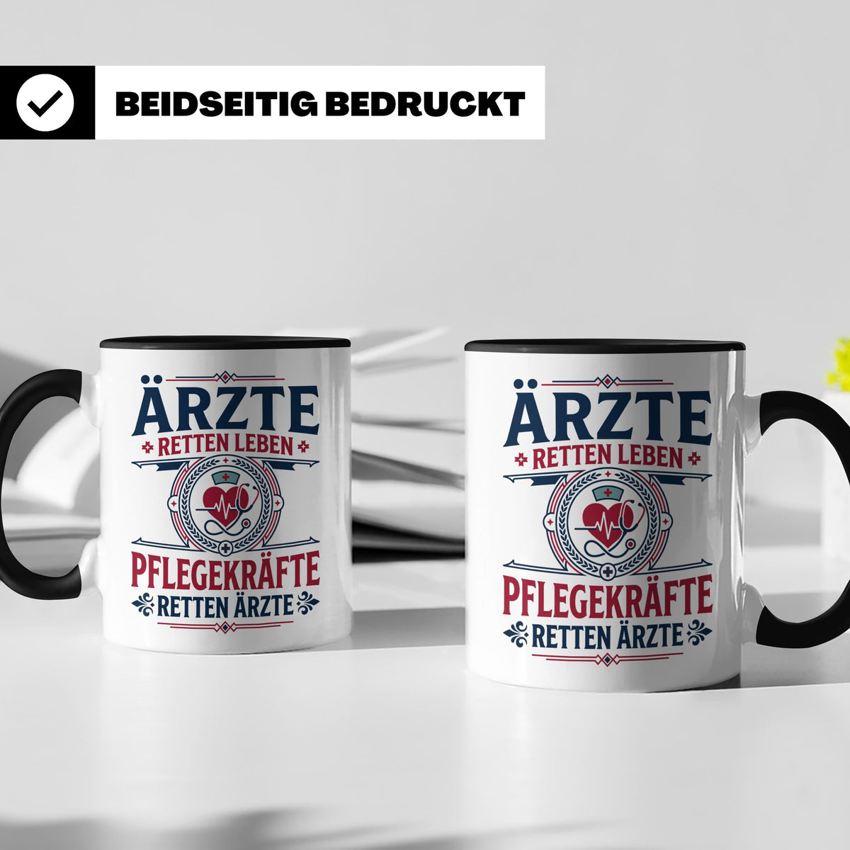 Pflegekraft Tasse mit Spruch Pflegekräfte retten Ärzte lusti – Schwarz [farbe:schwarz]