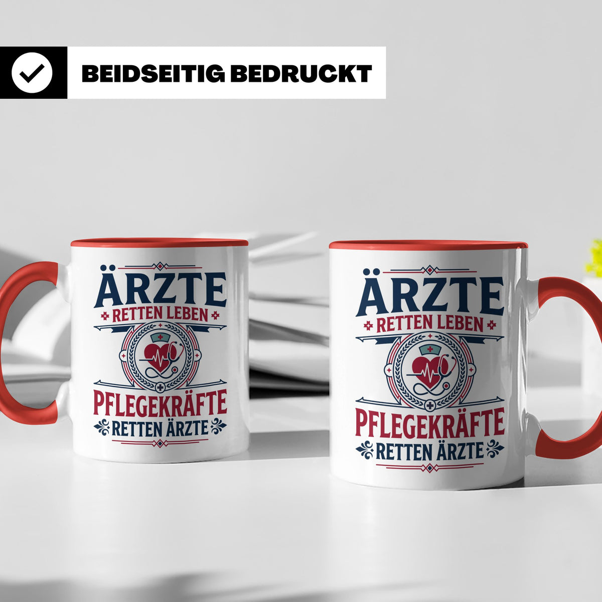 Pflegekraft Tasse mit Spruch Pflegekräfte retten Ärzte lusti – Rot [farbe:rot]