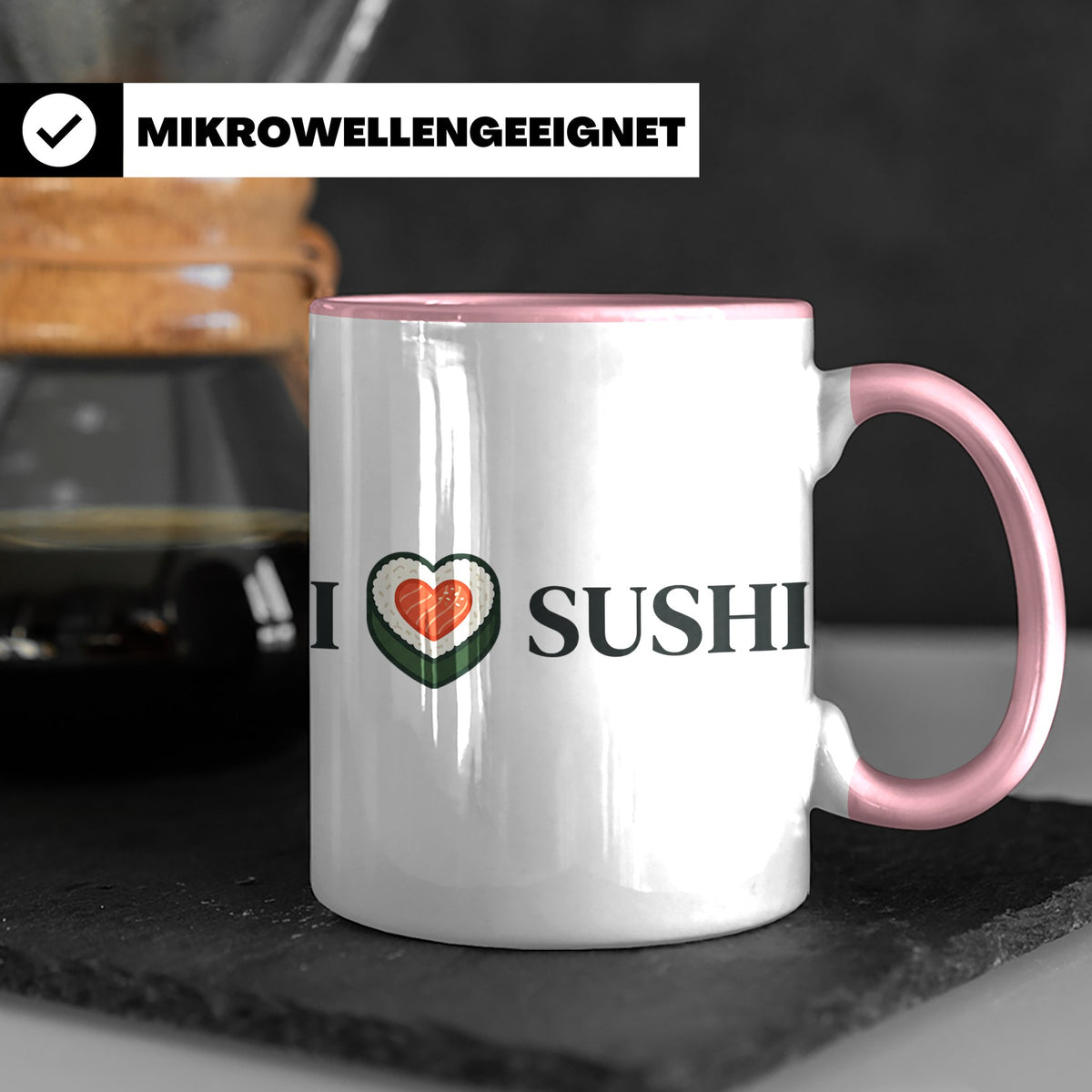 I Love Sushi Tasse mit Herz Maki Motiv lustiges Geschenk für – Rosa [farbe:rosa]