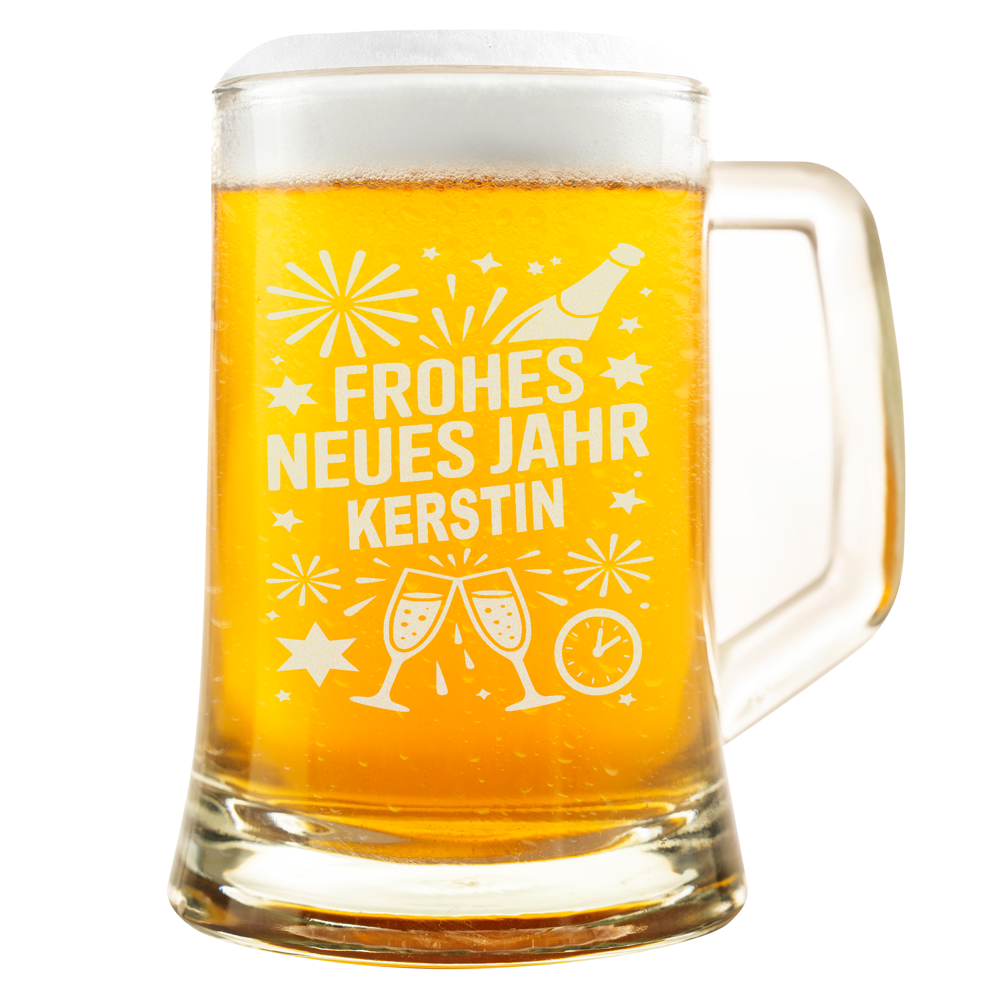 Personalisierter Bierkrug „Frohes Neues Jahr“ mit Name – Lustiges Neujahrs Bierglas Geschenk