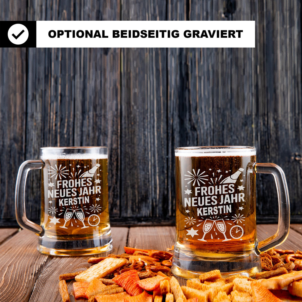 Personalisierter Bierkrug „Frohes Neues Jahr“ mit Name – Lustiges Neujahrs Bierglas Geschenk