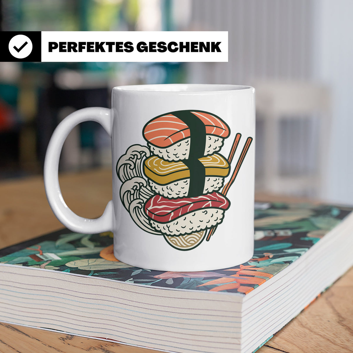 Sushi Tasse mit Nigiri Ramen Motiv Japanische Welle Design K – Weiß [farbe:weiß]