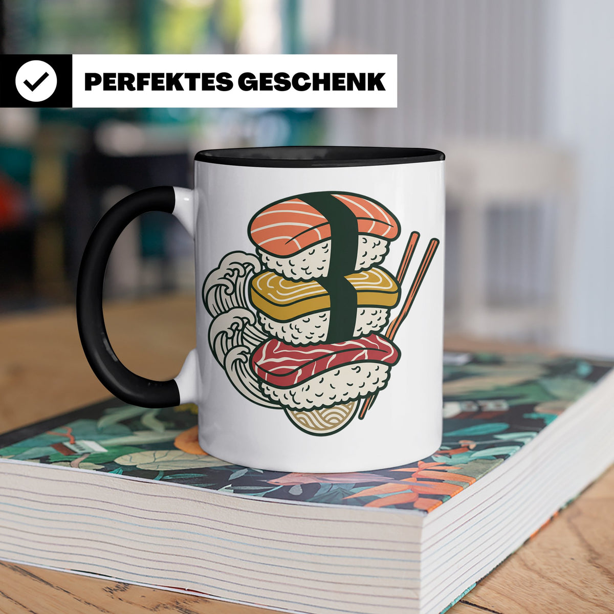 Sushi Tasse mit Nigiri Ramen Motiv Japanische Welle Design K – Schwarz [farbe:schwarz]