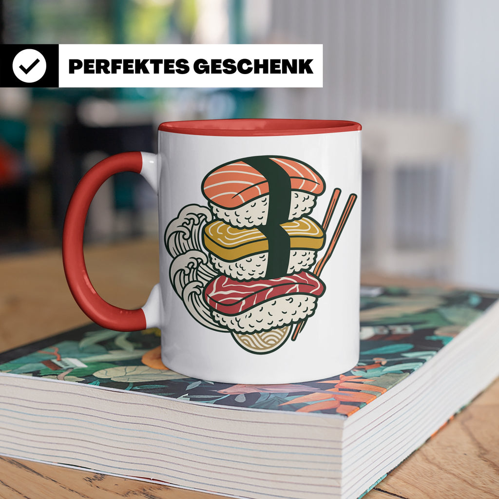 Sushi Tasse mit Nigiri Ramen Motiv Japanische Welle Design K – Rot [farbe:rot]
