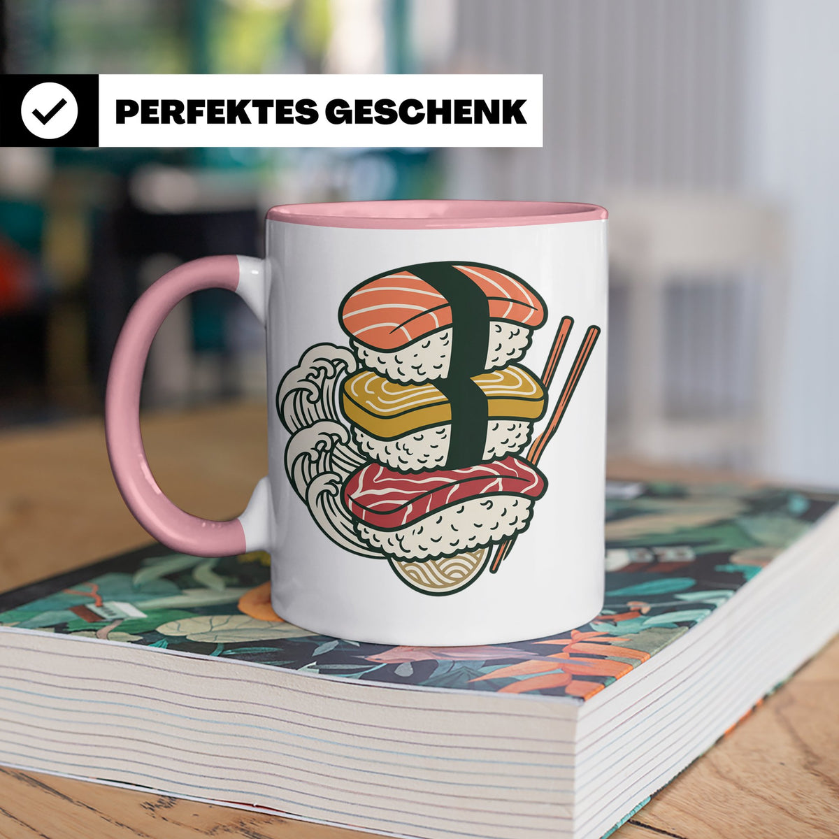 Sushi Tasse mit Nigiri Ramen Motiv Japanische Welle Design K – Rosa [farbe:rosa]