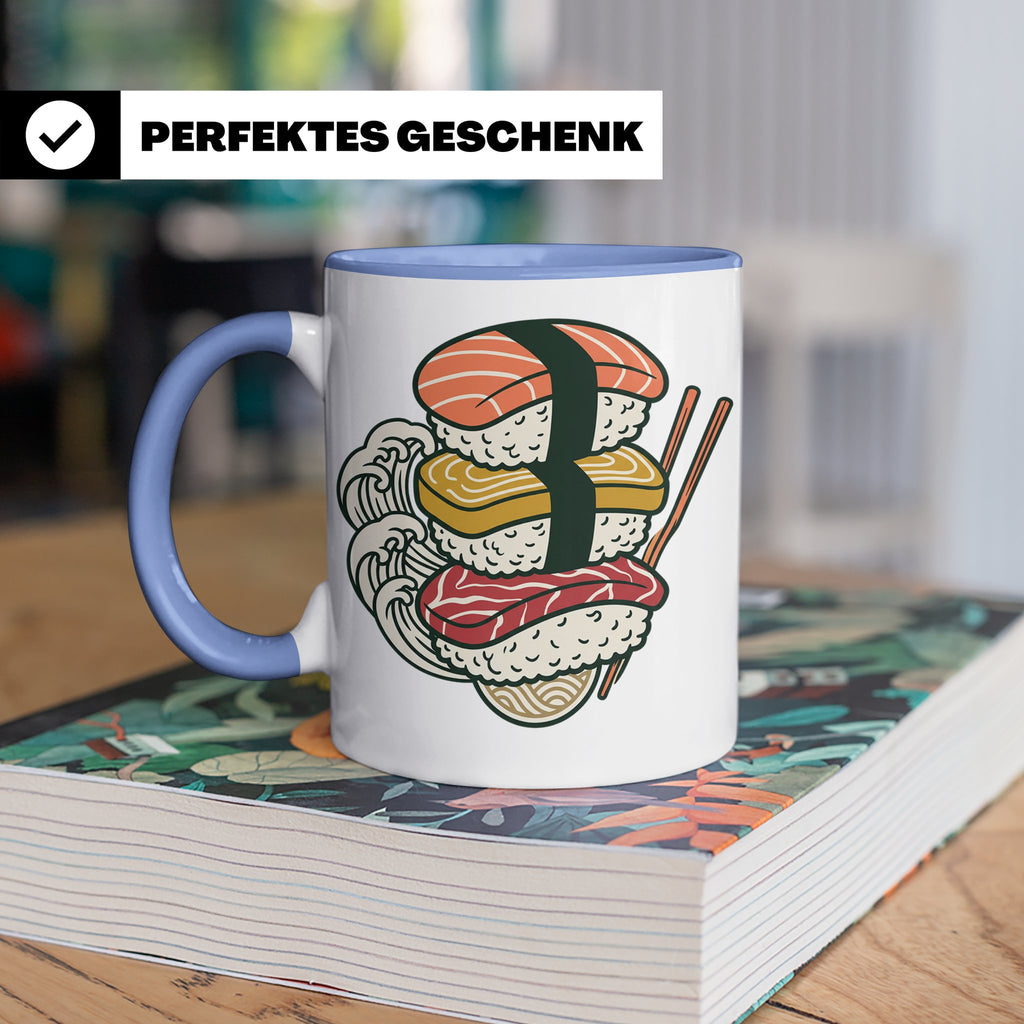 Sushi Tasse mit Nigiri Ramen Motiv Japanische Welle Design K – Blau [farbe:blau]