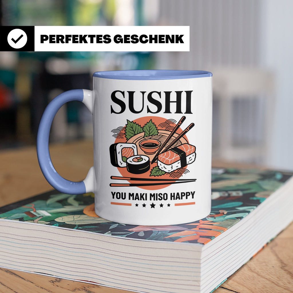 Sushi Tasse mit Spruch You Maki Miso Happy lustig Japanische – Blau [farbe:blau]