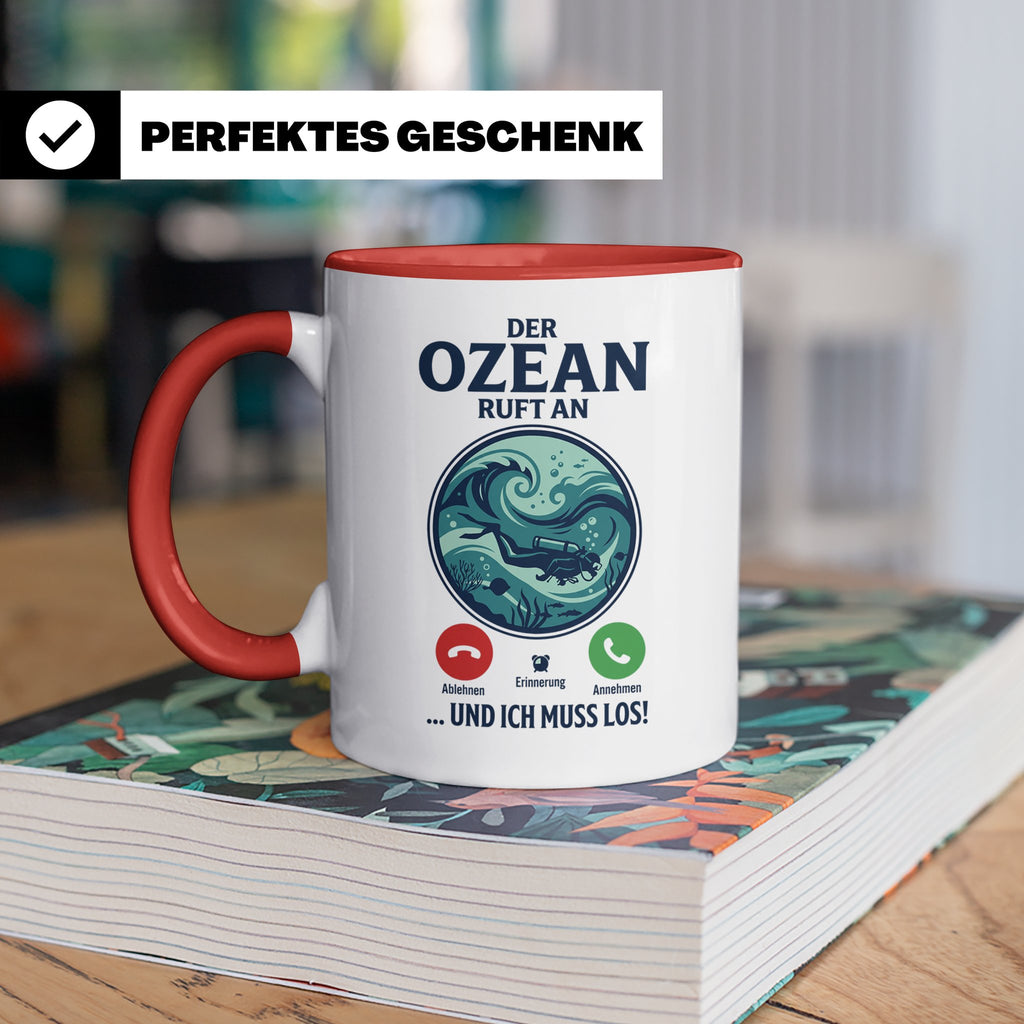 Taucher Tasse mit Telefon Spruch - Lustiger Spruch Geschenk  – Rot [farbe:rot]