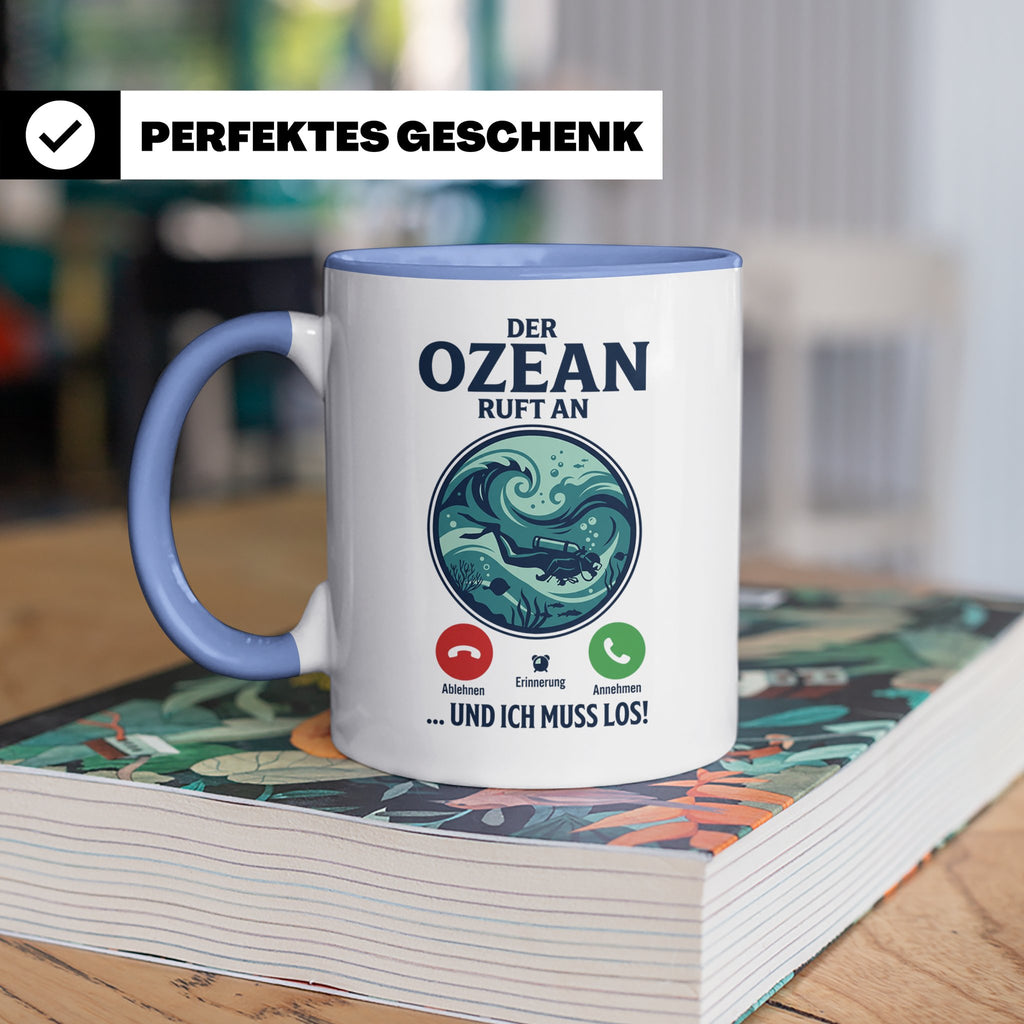 Taucher Tasse mit Telefon Spruch - Lustiger Spruch Geschenk  – Blau [farbe:blau]