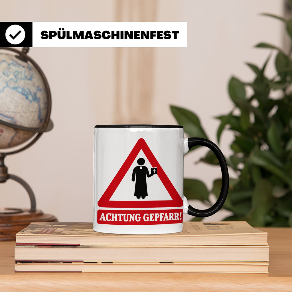 Achtung Gepfarr Tasse mit lustigem Spruch über Pfarrer und K – Schwarz [farbe:schwarz]