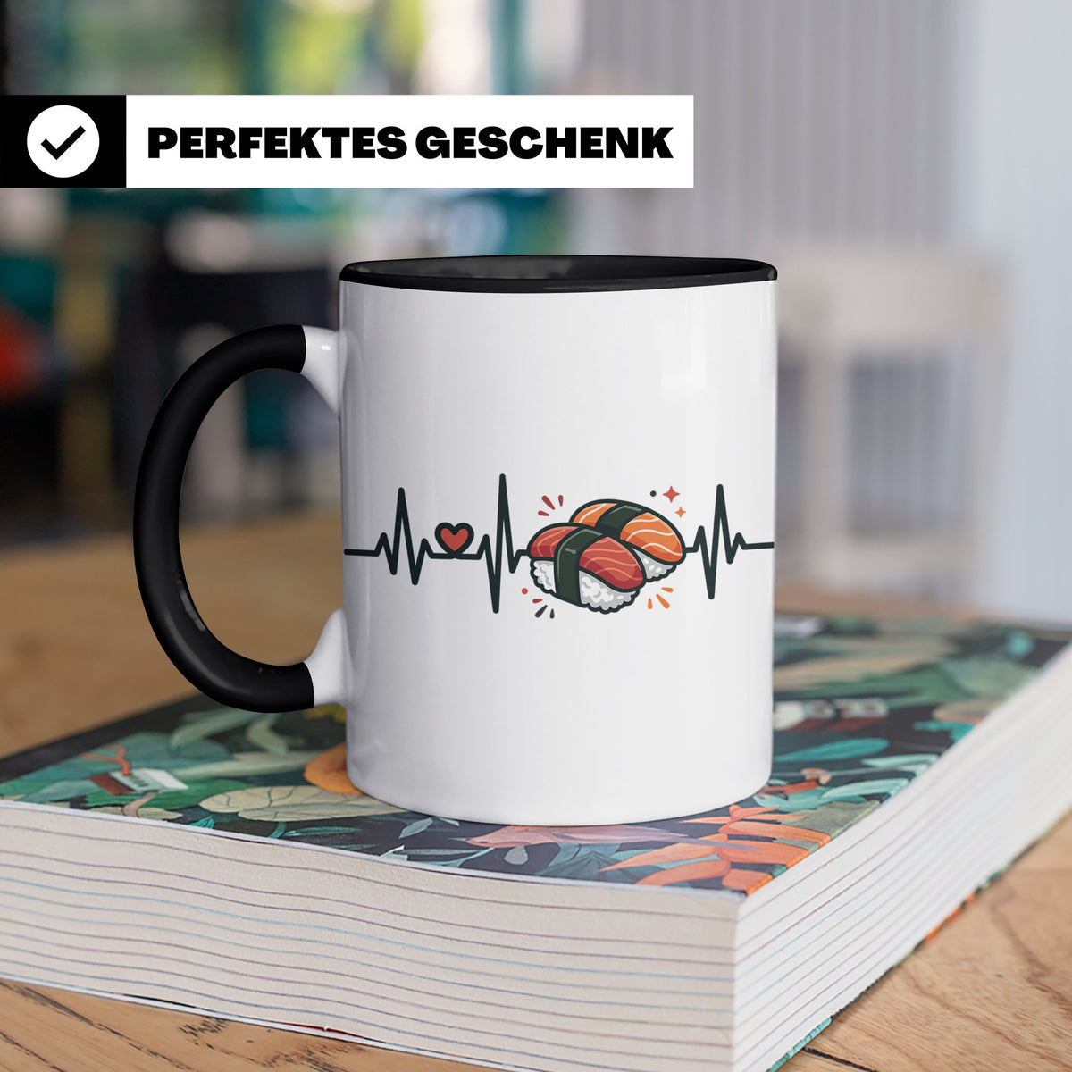 Sushi Tasse Herzschlag EKG - Kaffeetasse für Sushi Liebhaber – Schwarz [farbe:schwarz]