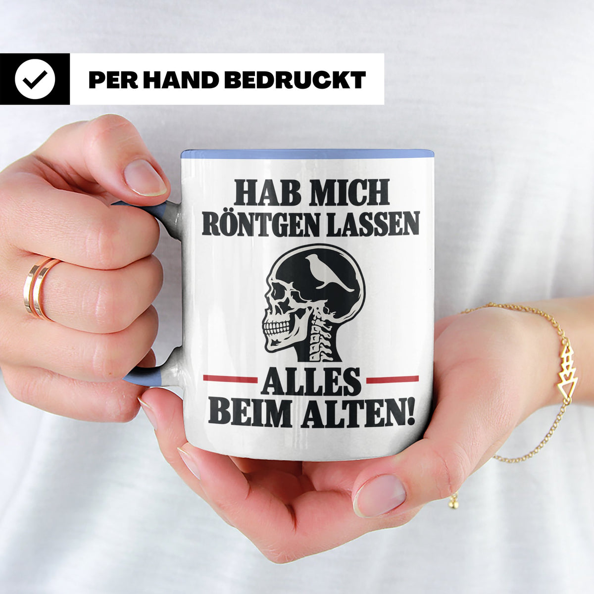 Röntgenbild Vogel Tasse mit Spruch Hab mich röntgen lassen a – Blau [farbe:blau]