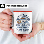 Bayrische Tasse mit Spruch A Haferl Kaffee und dann schau ma – Rot [farbe:rot]