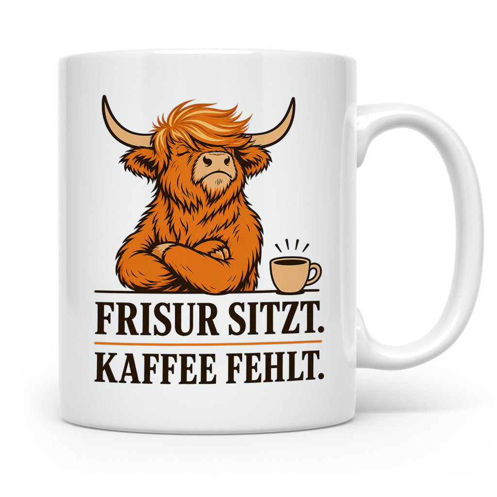 Hochlandrind Tasse mit Spruch Frisur sitzt Kaffee fehlt - Lu – Weiß [farbe:weiß]