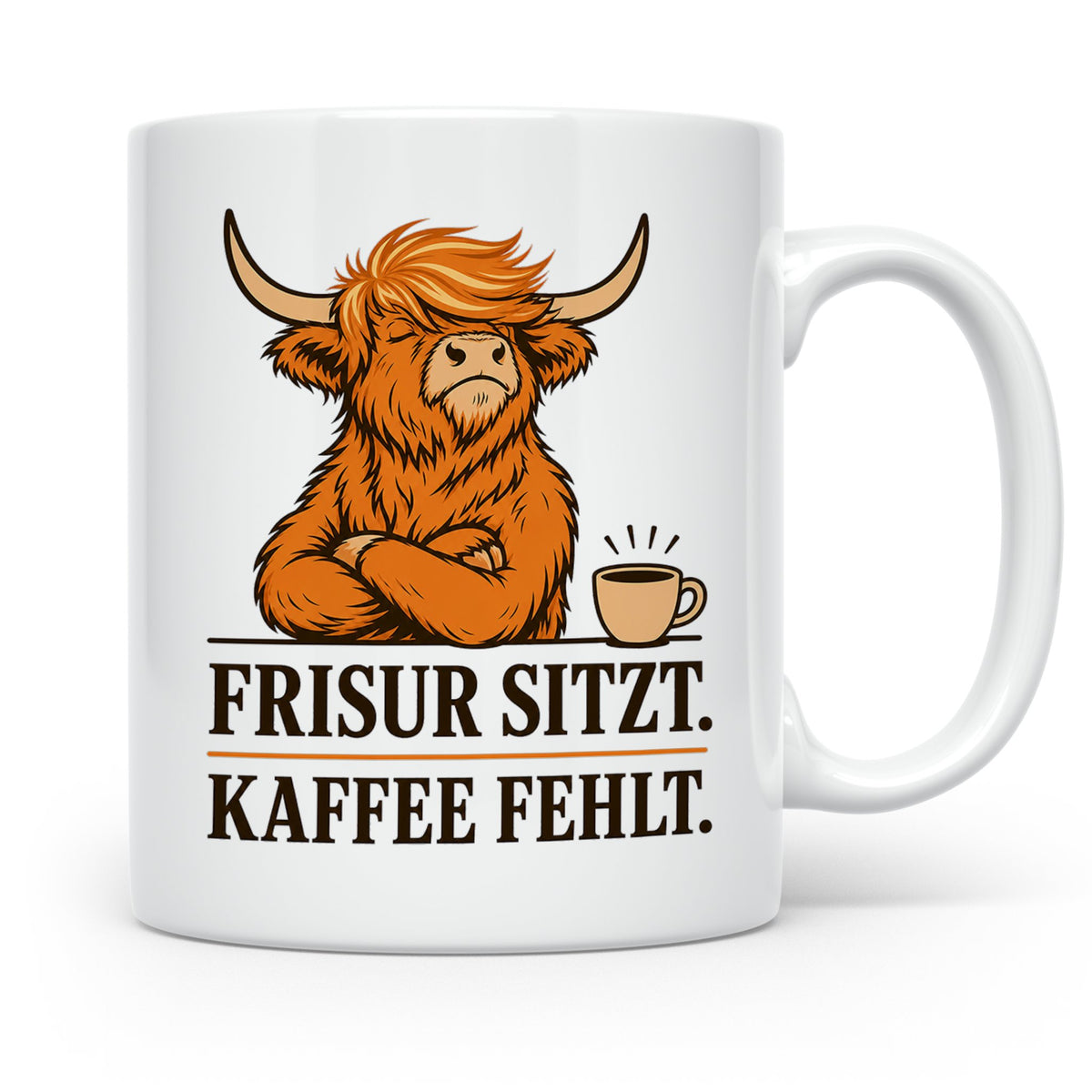 Hochlandrind Tasse mit Spruch Frisur sitzt Kaffee fehlt - Lu – Weiß [farbe:weiß]