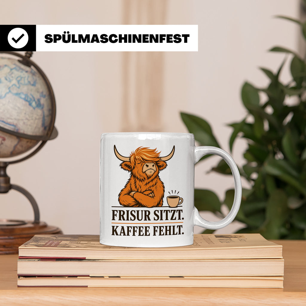 Hochlandrind Tasse mit Spruch Frisur sitzt Kaffee fehlt - Lu – Weiß [farbe:weiß]
