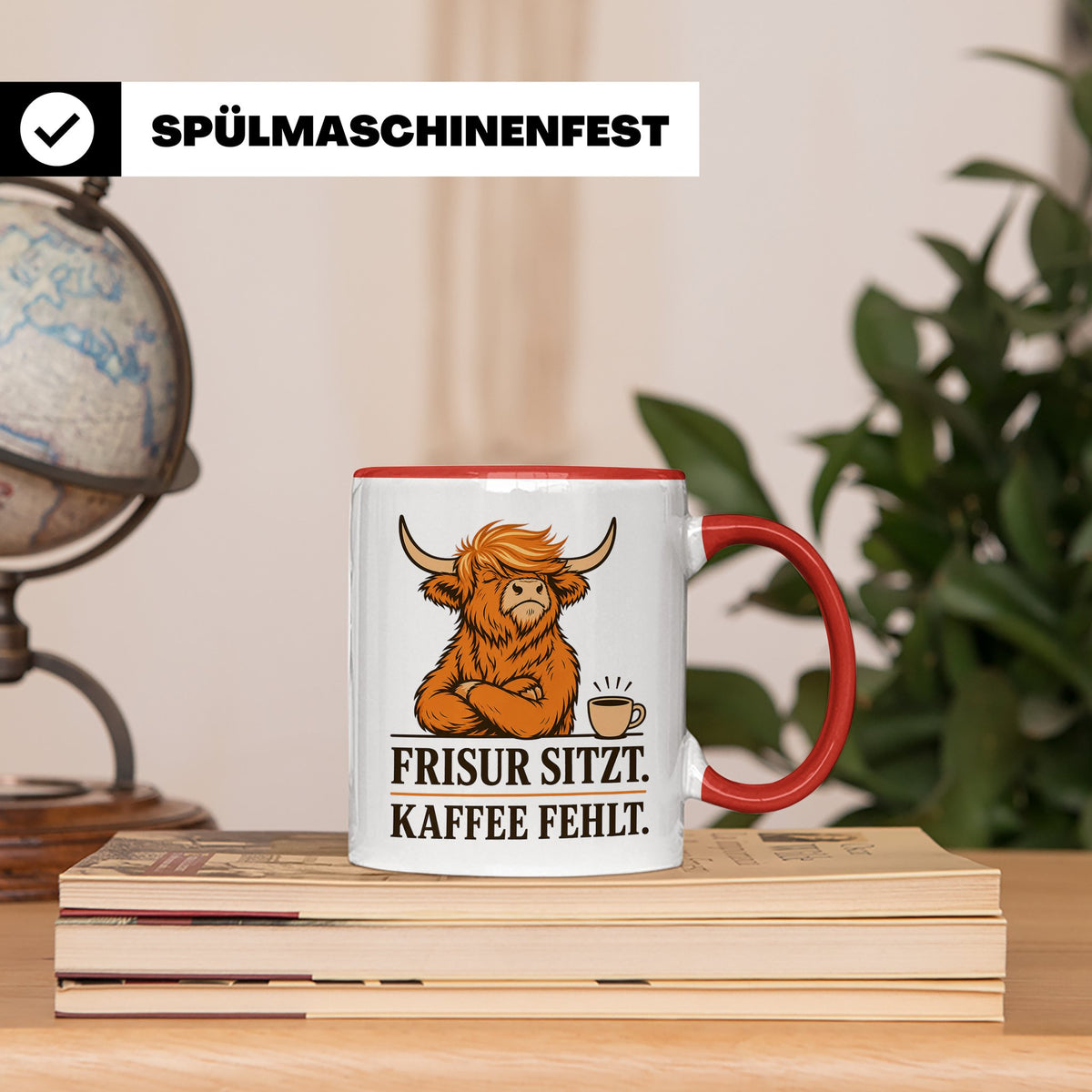 Hochlandrind Tasse mit Spruch Frisur sitzt Kaffee fehlt - Lu – Rot [farbe:rot]