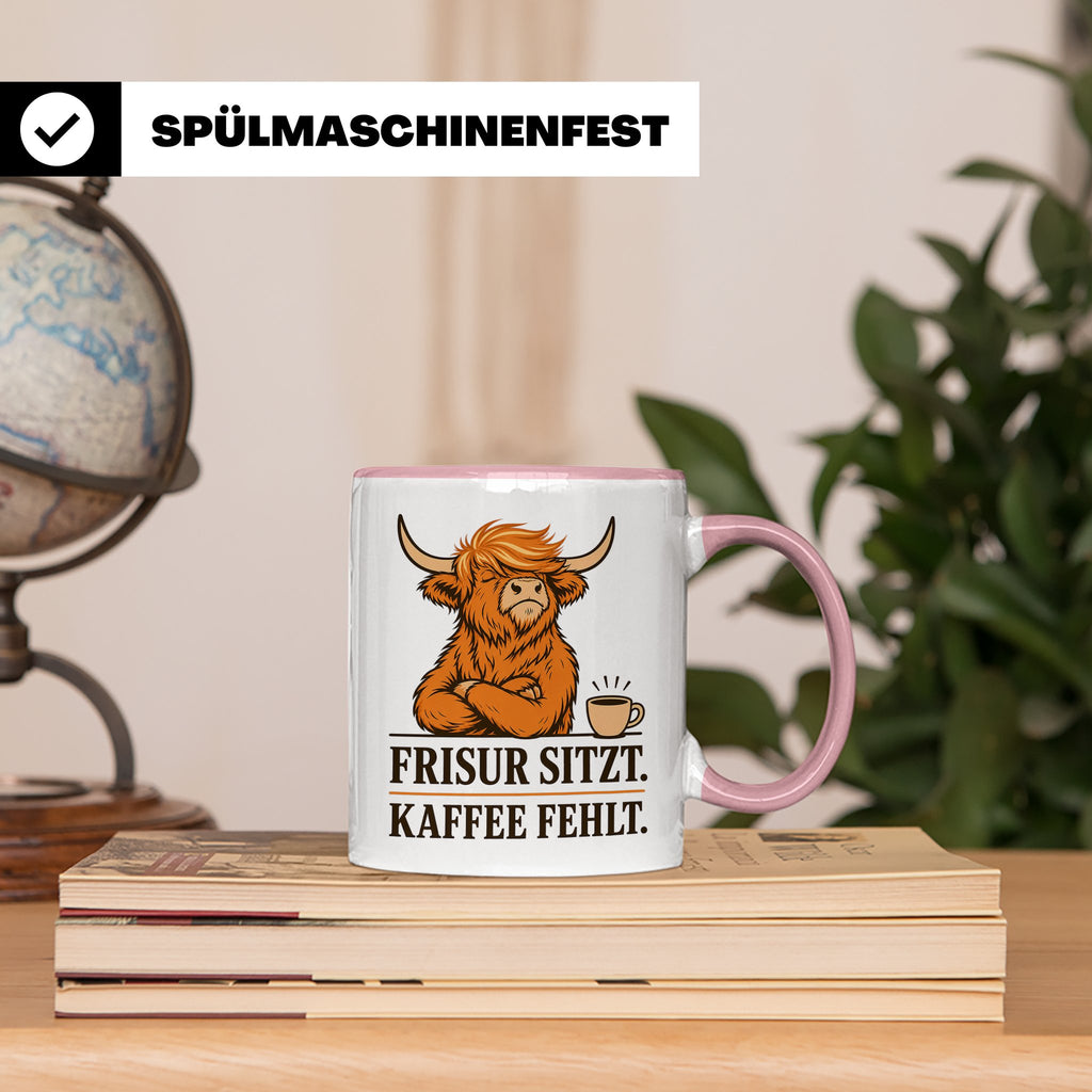 Hochlandrind Tasse mit Spruch Frisur sitzt Kaffee fehlt - Lu – Rosa [farbe:rosa]