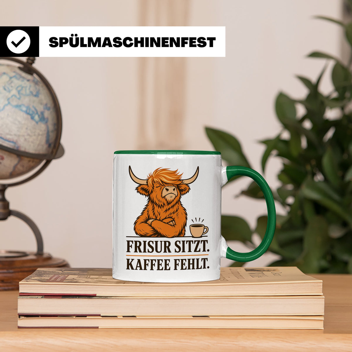Hochlandrind Tasse mit Spruch Frisur sitzt Kaffee fehlt - Lu – Grün [farbe:grün]