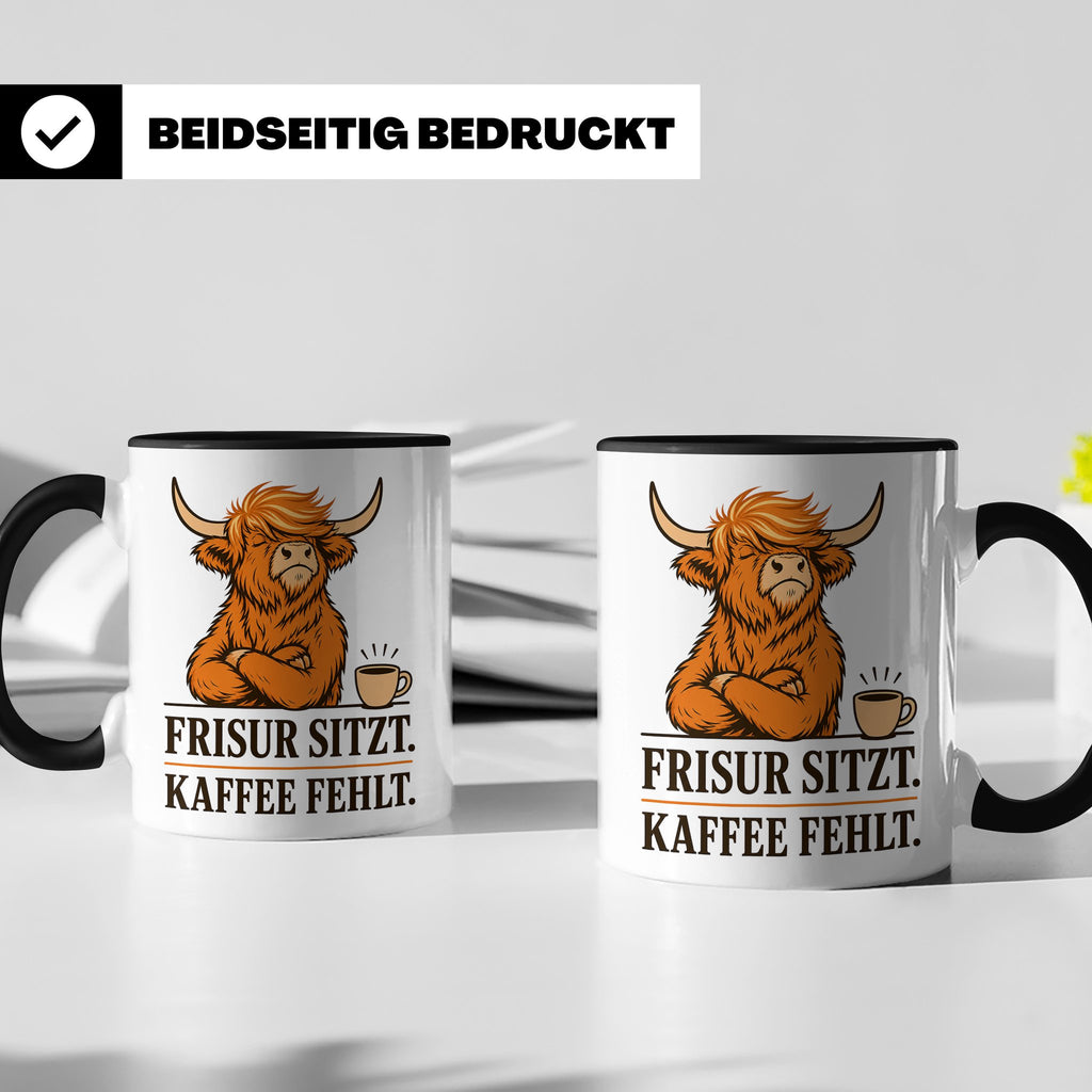 Hochlandrind Tasse mit Spruch Frisur sitzt Kaffee fehlt - Lu – Schwarz [farbe:schwarz]