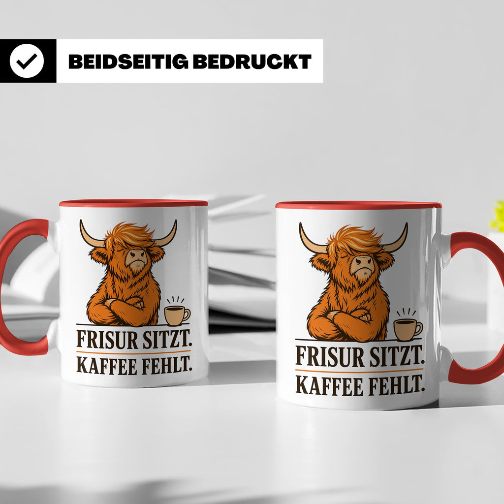 Hochlandrind Tasse mit Spruch Frisur sitzt Kaffee fehlt - Lu – Rot [farbe:rot]