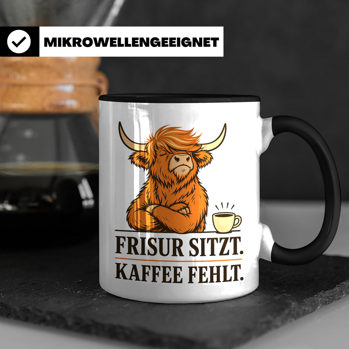Hochlandrind Tasse mit Spruch Frisur sitzt Kaffee fehlt - Lu – Schwarz [farbe:schwarz]
