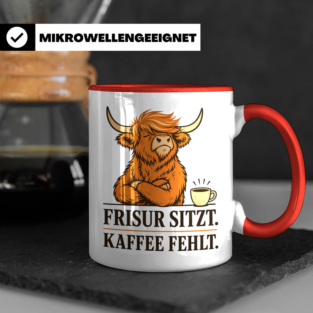 Hochlandrind Tasse mit Spruch Frisur sitzt Kaffee fehlt - Lu – Rot [farbe:rot]
