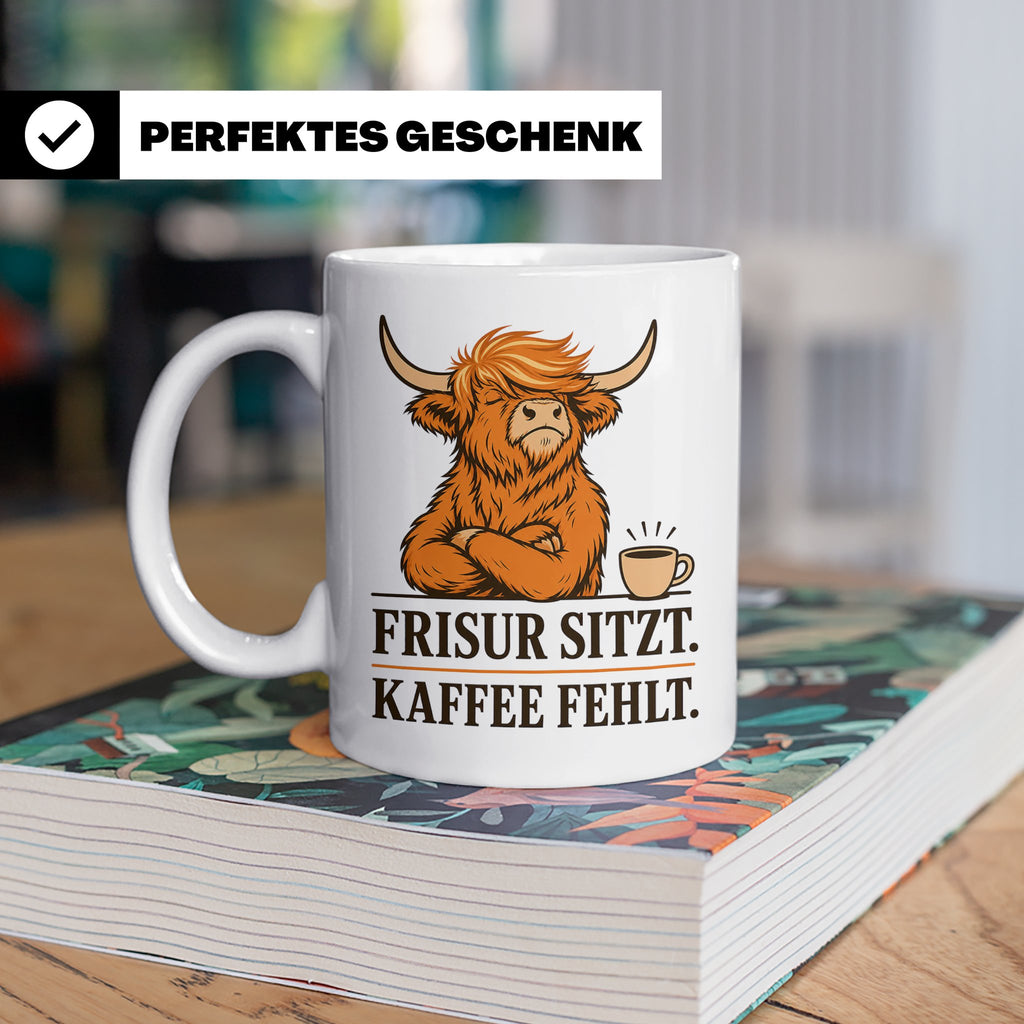 Hochlandrind Tasse mit Spruch Frisur sitzt Kaffee fehlt - Lu – Weiß [farbe:weiß]