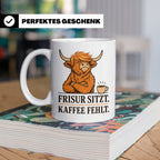 Hochlandrind Tasse mit Spruch Frisur sitzt Kaffee fehlt - Lu – Weiß [farbe:weiß]