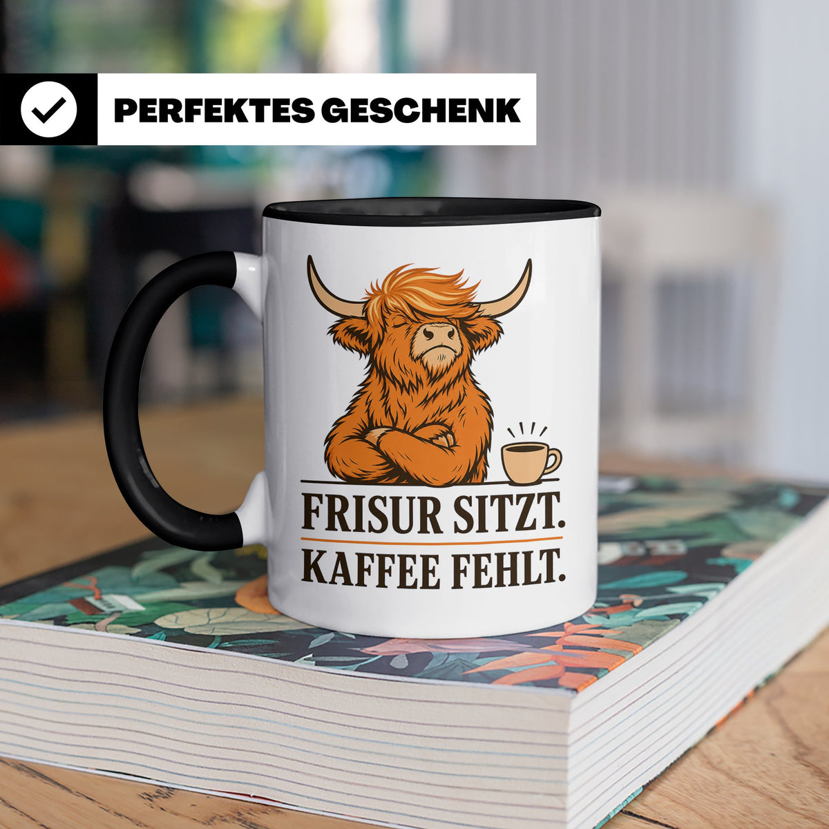 Hochlandrind Tasse mit Spruch Frisur sitzt Kaffee fehlt - Lu – Schwarz [farbe:schwarz]