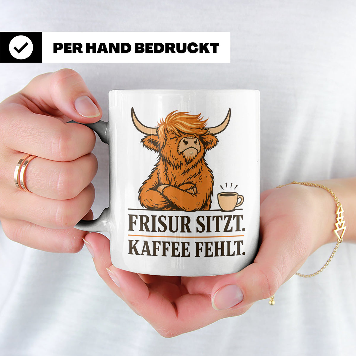 Hochlandrind Tasse mit Spruch Frisur sitzt Kaffee fehlt - Lu – Weiß [farbe:weiß]