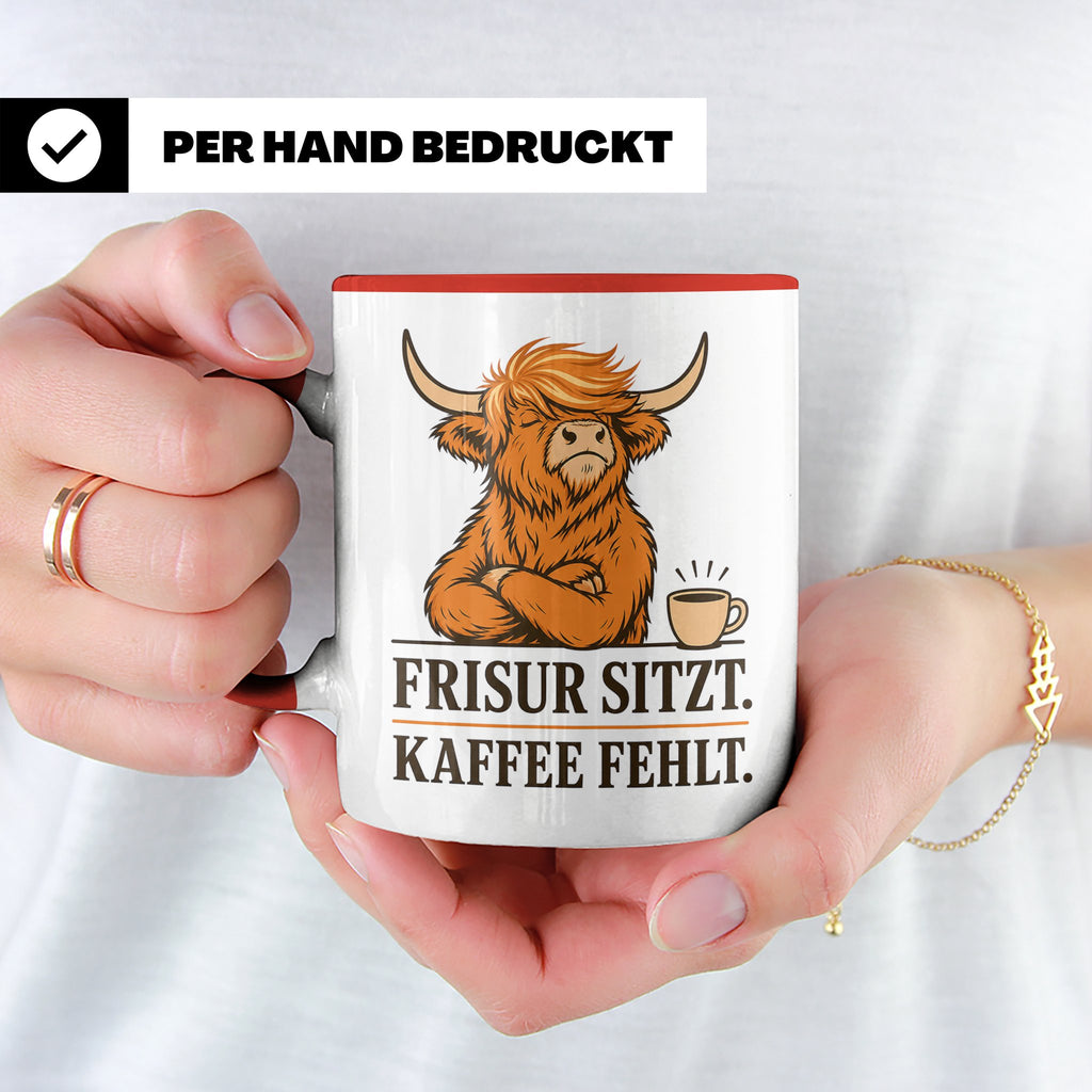 Hochlandrind Tasse mit Spruch Frisur sitzt Kaffee fehlt - Lu – Rot [farbe:rot]