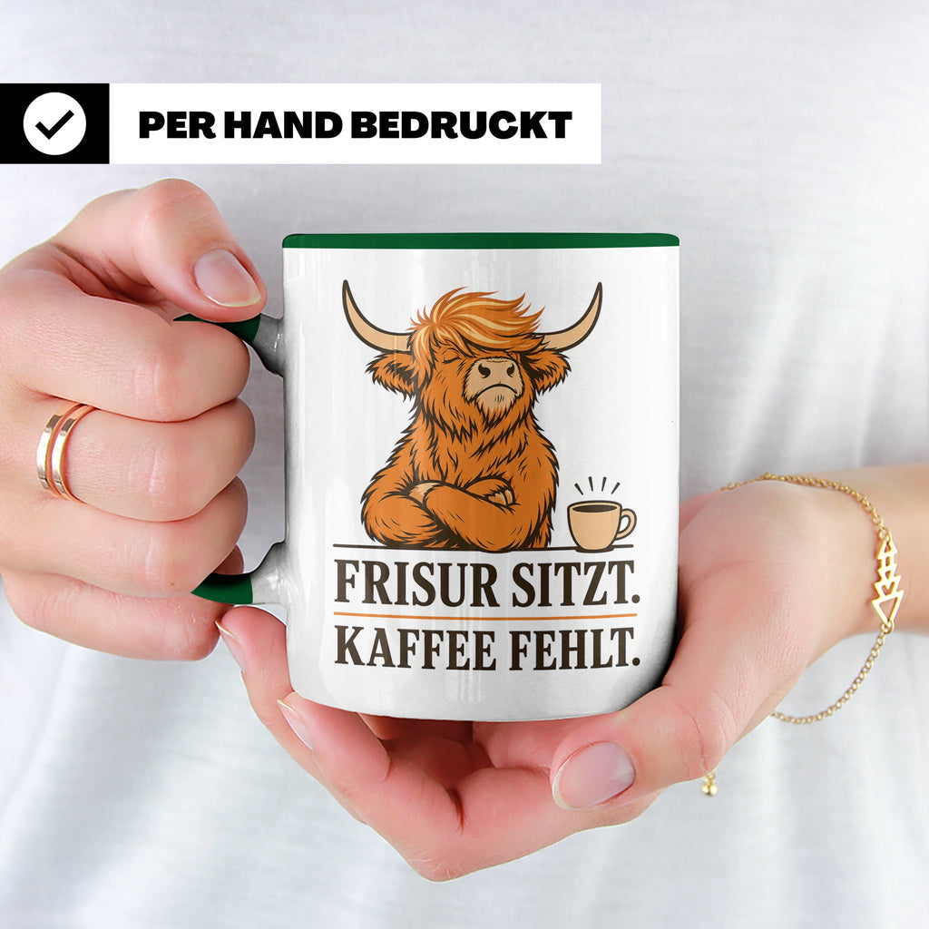 Hochlandrind Tasse mit Spruch Frisur sitzt Kaffee fehlt - Lu – Grün [farbe:grün]