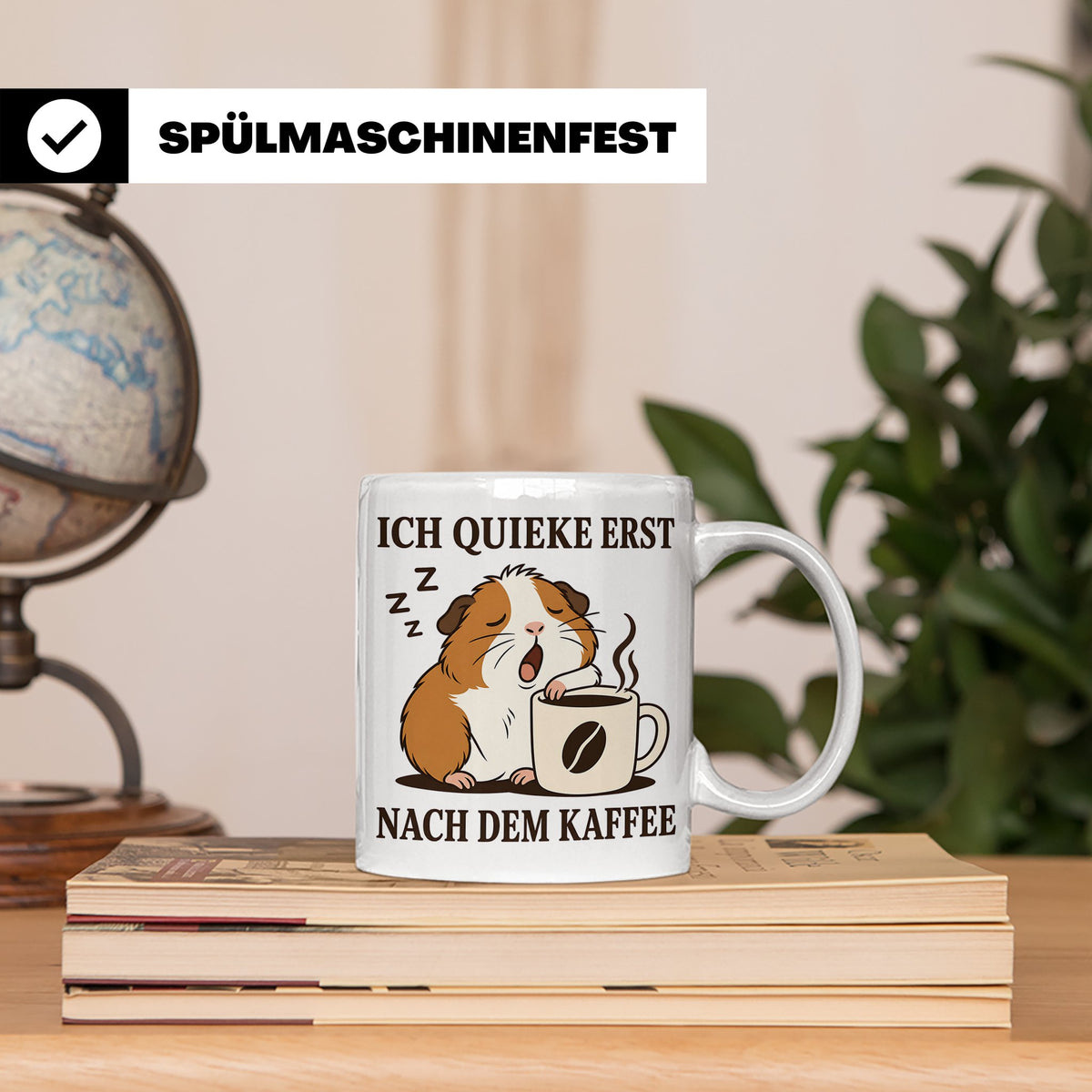 Meerschweinchen Tasse mit Spruch Ich quieke erst nach dem Ka – Weiß [farbe:weiß]