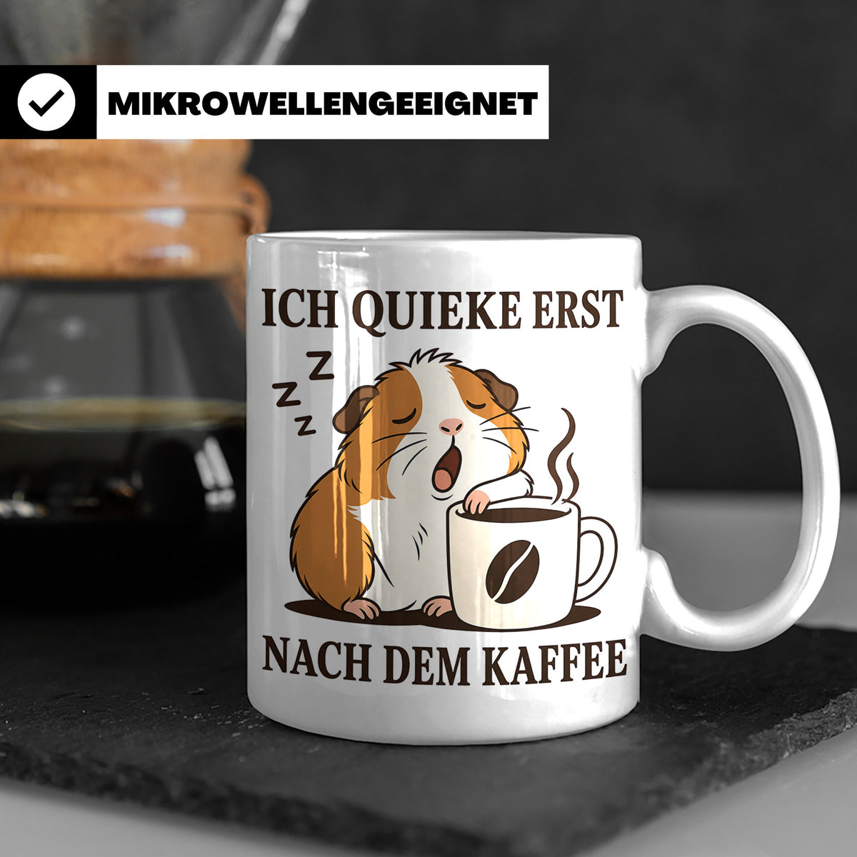Meerschweinchen Tasse mit Spruch Ich quieke erst nach dem Ka – Weiß [farbe:weiß]