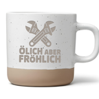 Ölich aber fröhlich Tasse, Lustiges Geschenk für Mechaniker und Handwerker, Kaffeetasse Werkstatt, Becher mit Spruch für Schrauber, KFZ Mechatroniker